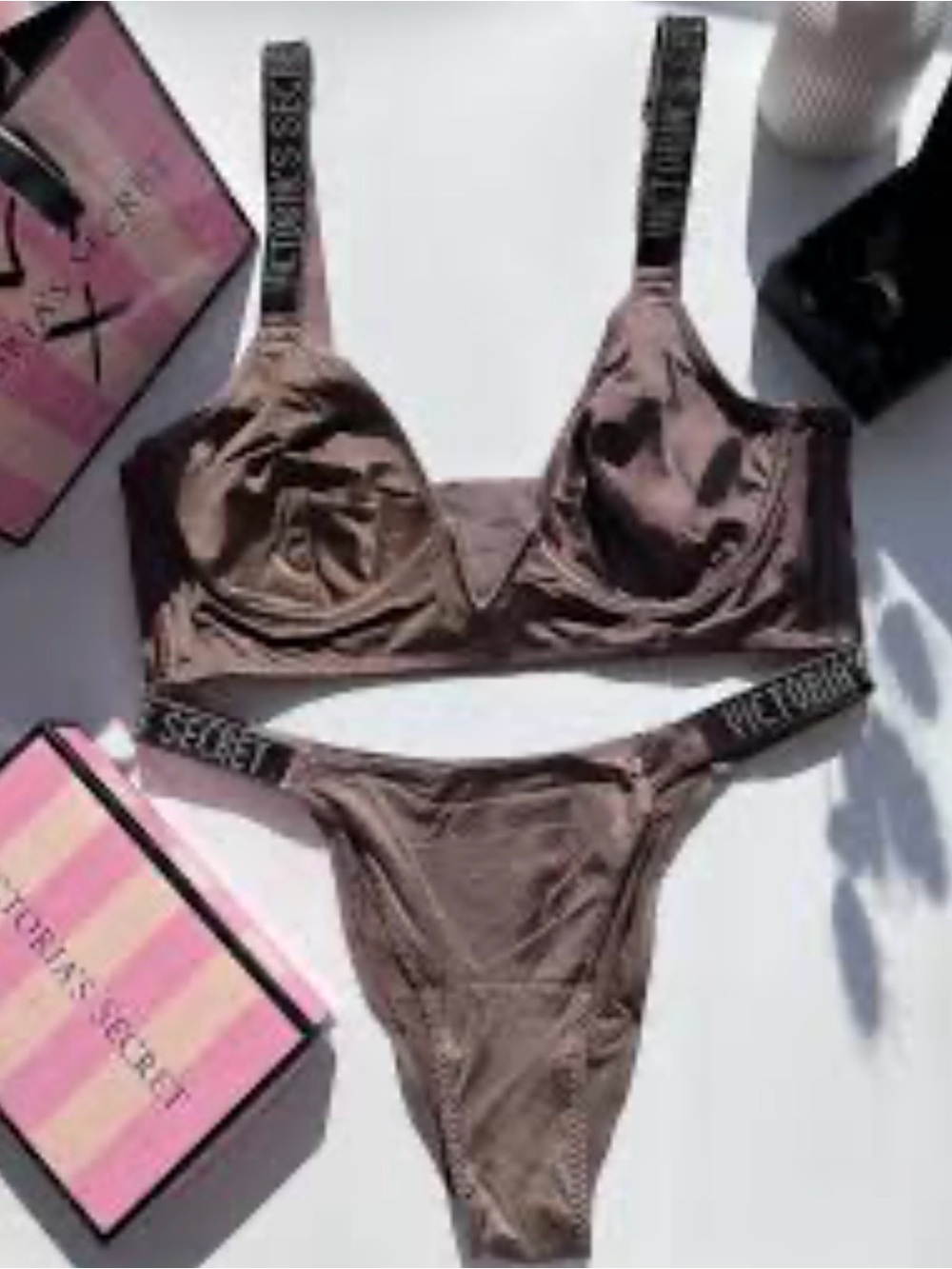 Victoria's Secret Chocolate Satin Bralette & Thong Set 34D
